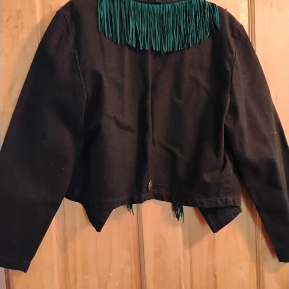 Wanted Black Jean Jacket with Green Fringe - Picture 3 of 3